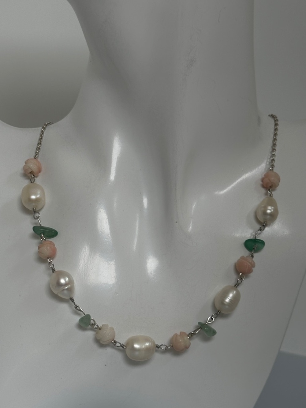 925 sterling  Silver Freshwater Pearl  Pink Coral and Green Jade Stones Necklace